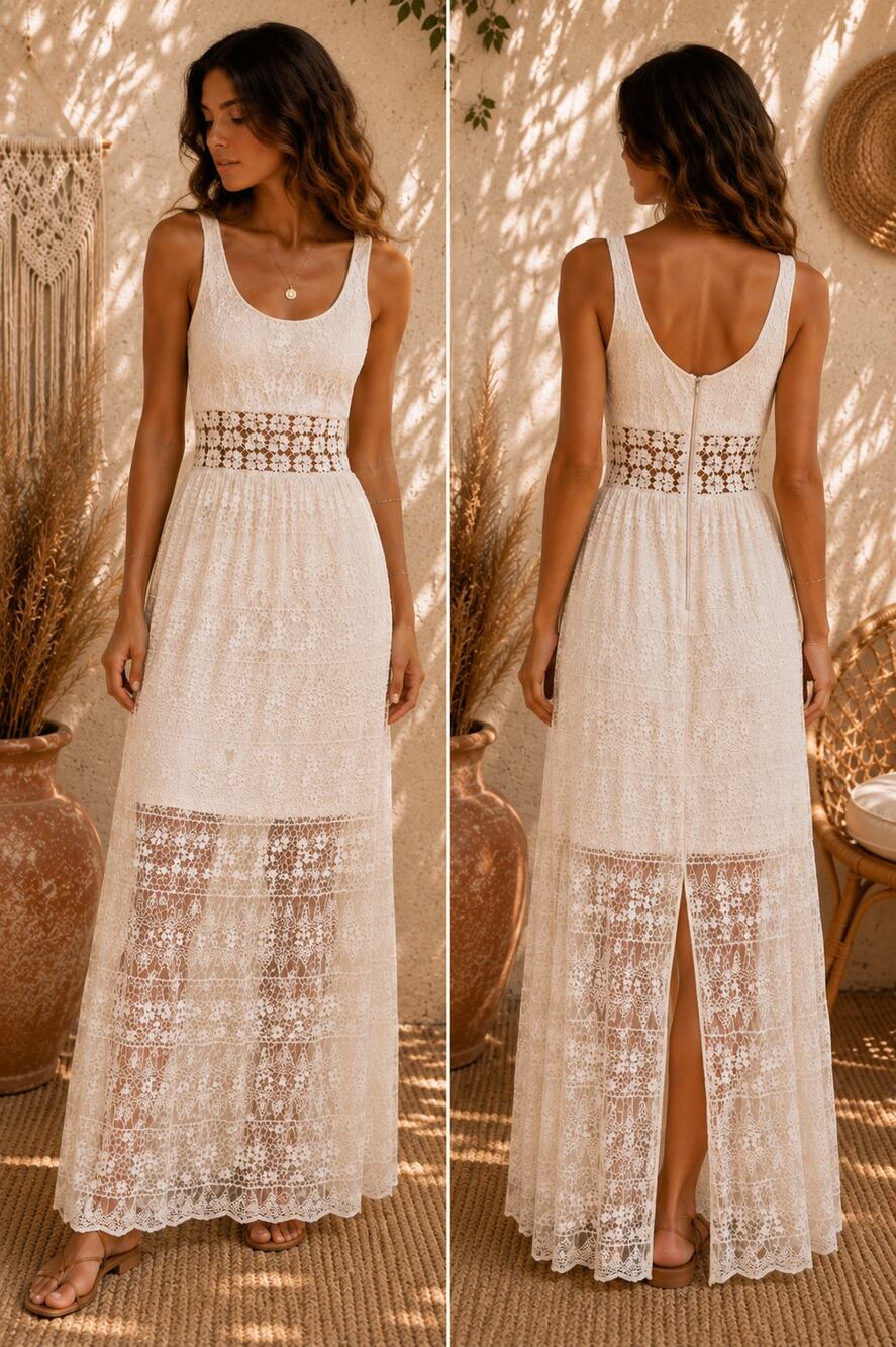 Maurices Boho Lace Maxi Dress Ivory Cream Crochet Sleeveless Cottagecore 5/6 Sm